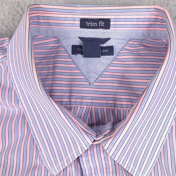 Tommy Hilfiger‎ Shirt Men's XL Pink Blue Short Sleeve Button Up Striped Trim Fit - Picture 5 of 14